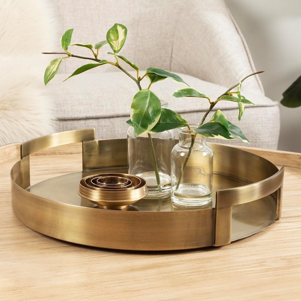 Kate and Laurel Myo Transitional Metal Round Tray 15 x 15 Brass Modern Tray - Picture 8 of 13